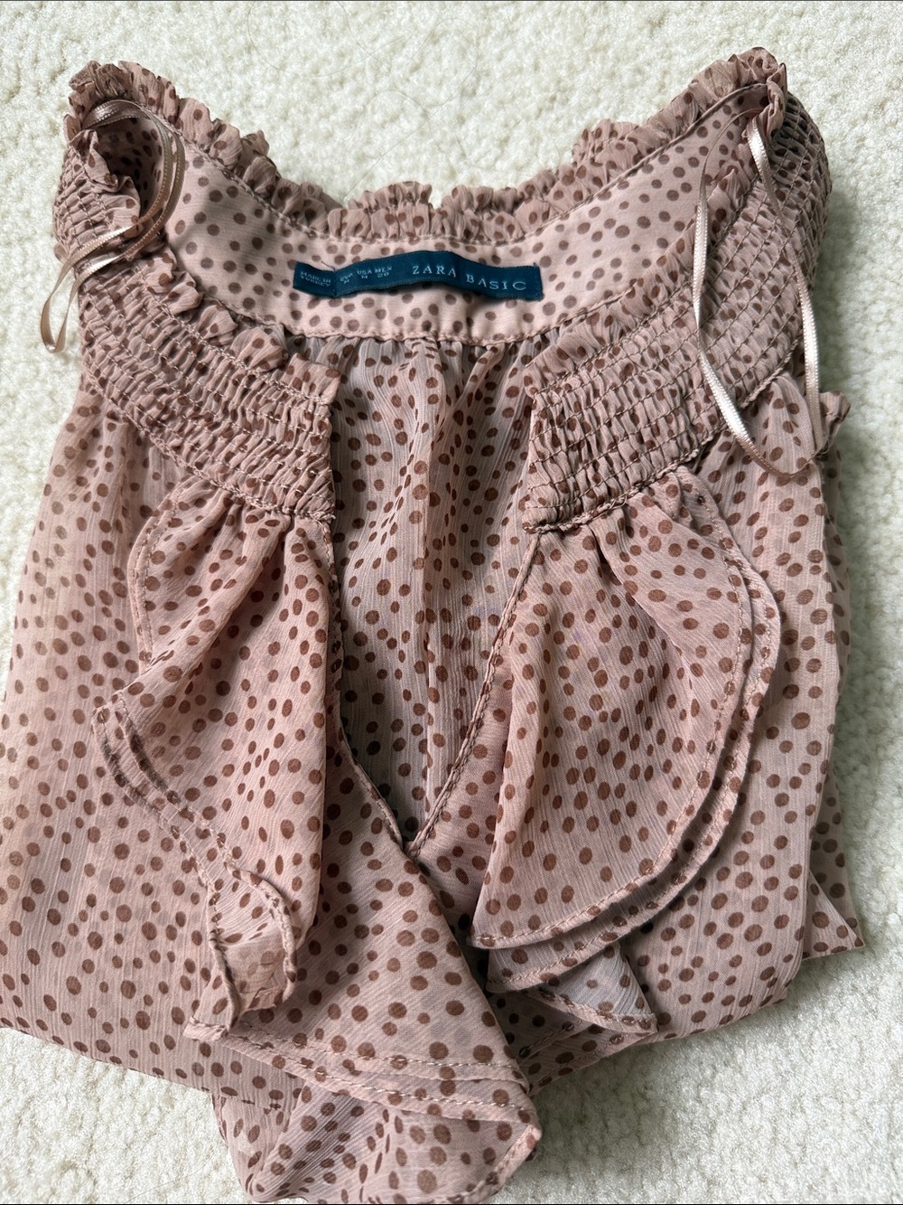 Zara !!! Brown Polka Dot Ruffle Blouse size M 100% polyester